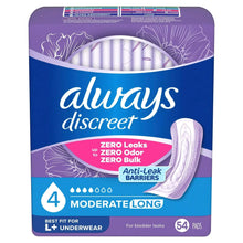 Always Discreet moderate long bladder leak pad package, 54 pads, with pad side view