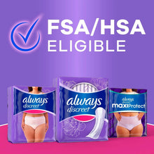 Always Discreet leak pad packages lineup with pads shown in underwear