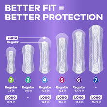 Long and regular pad size lineup showing multiple absorbency lengths