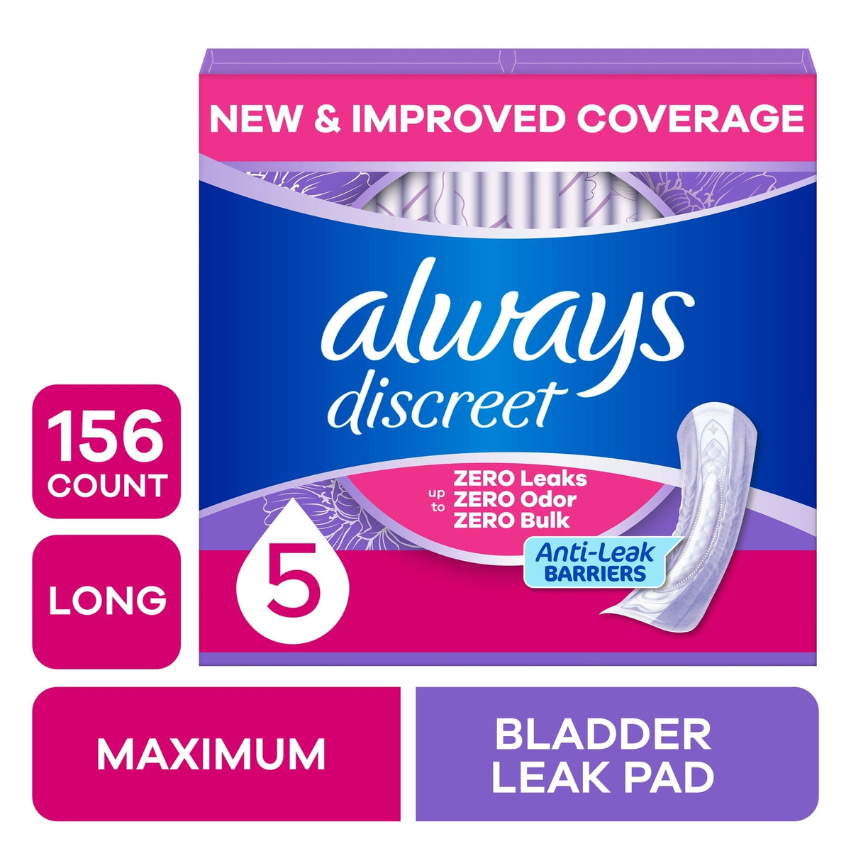 Always Discreet Pads, Maximum Absorbency, Long, 156 Count