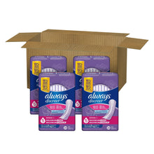 Shipping box filled with Always Discreet long maximum absorbency pad packs