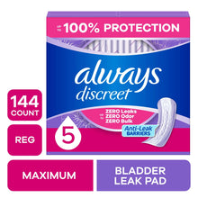 Always Discreet bladder leak pad package, regular size, 144 count, maximum protection