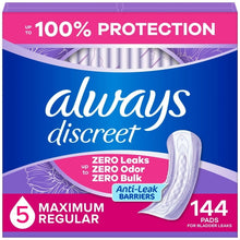 Always Discreet maximum regular bladder leak pads, 144 count package with pad outline