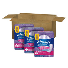 Incontinence pad packs with "Always Discreet" branding, regular size, in open box