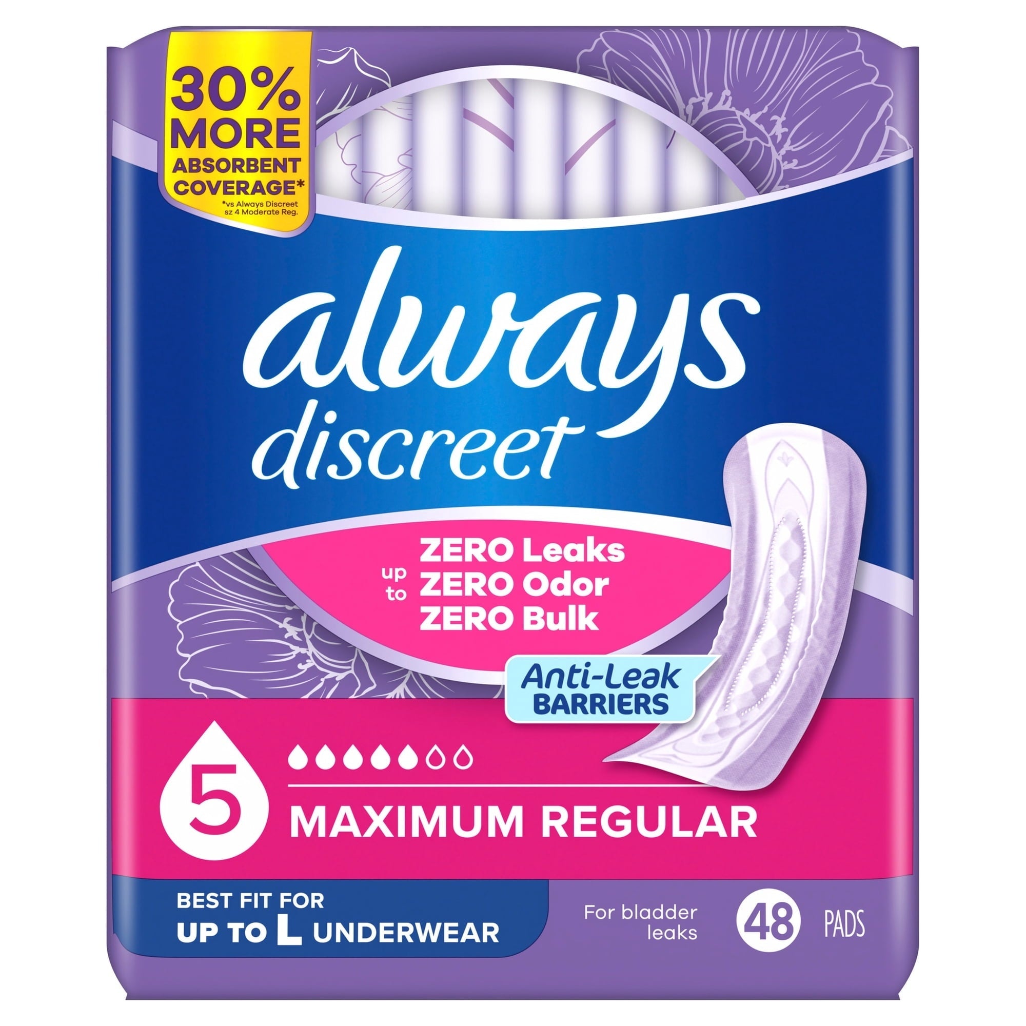Always Discreet Pads, Maximum Absorbency, Regular 48 Count (PACK OF 3 )