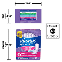 Always Discreet pads package, size 5 maximum regular, 48 count, anti-leak barriers