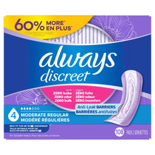 Always Discreet Moderate Regular bladder leak pads 108 count package front
