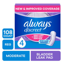 Always Discreet Moderate absorbency regular bladder leak pads, 108 count box