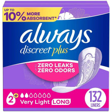 Always Discreet plus very light long incontinence liners, 132 count box front
