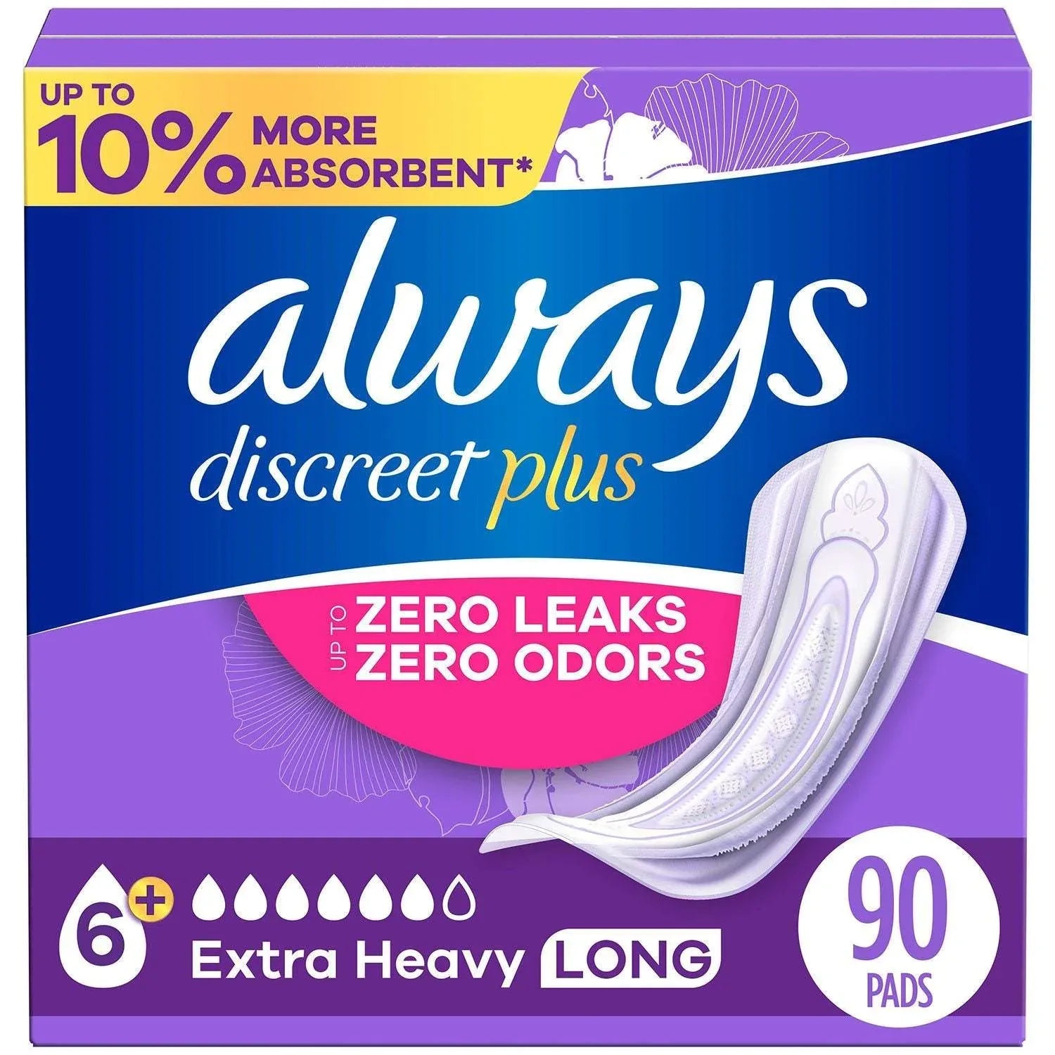 Always Discreet plus Incontinence Pads for Women, Extra Heavy Long, 90 ct. - USA MEGA SHOP