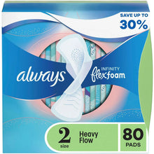 Always Infinity FlexFoam heavy flow pads box, size 2, 80 count, with flexi-wings