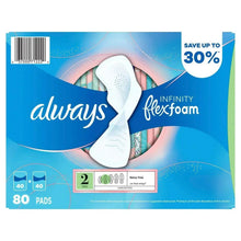 Always Infinity FlexFoam heavy flow pads package, size 2, 80 ct, unscented.
