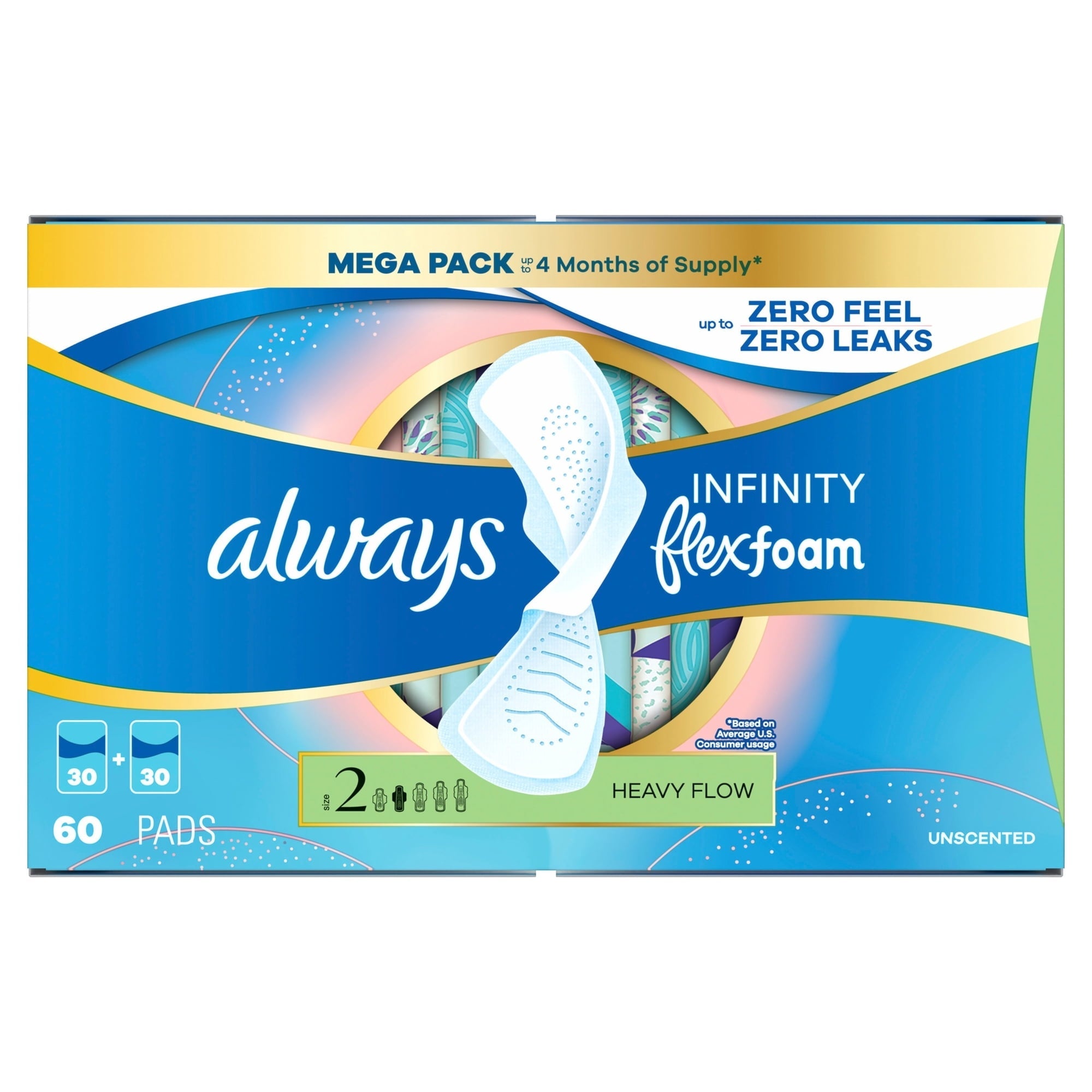 Always Infinity FlexFoam Pads, Size 2, Heavy, Wings, Unscented, 60 CT (PACK OF 3 )
