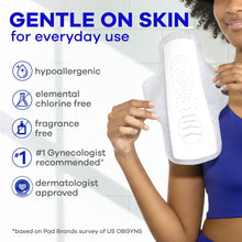 Winged Infinity FlexFoam heavy flow pad on leg; gentle on skin, fragrance-free