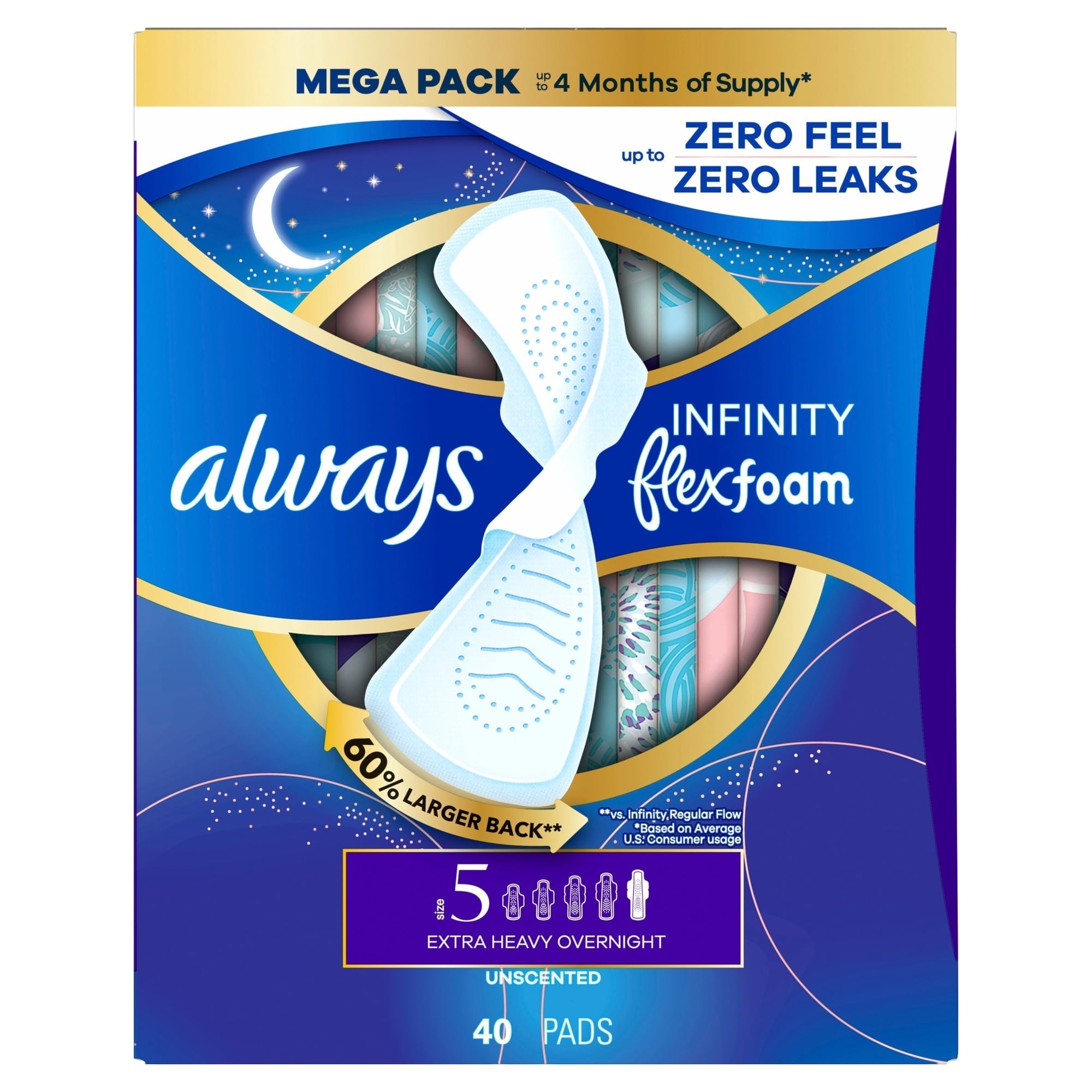 Always Infinity FlexFoam Pads, Size 5, Extra Heavy Overnight, Wings, Unscented, 40 Count (PACK OF 3 )