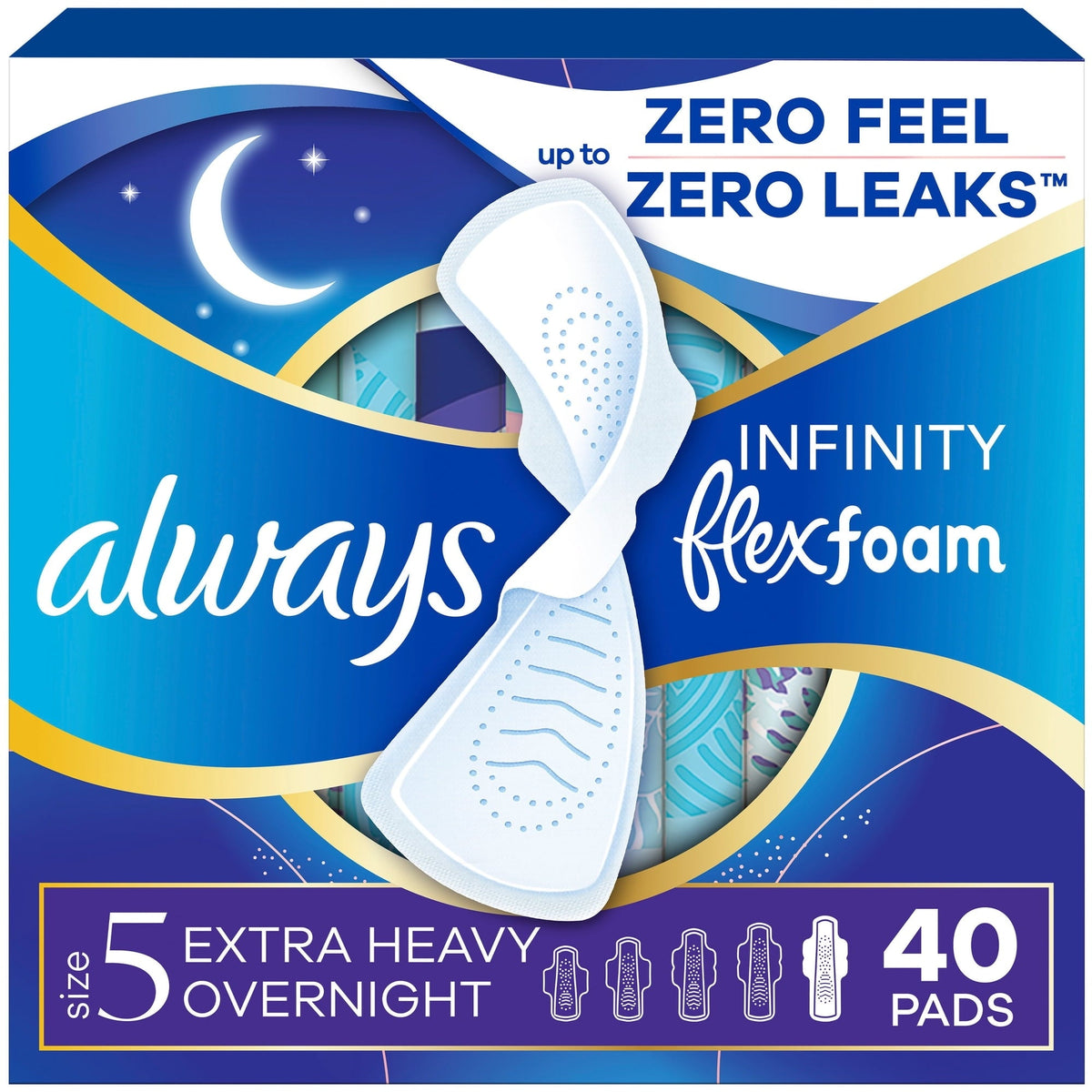 Always Infinity FlexFoam Pads, Size 5, Extra Heavy Overnight, Wings, Unscented, 40 Count (PACK OF 3 )