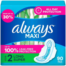 Always Maxi long pads box, 90-count package with illustrated pad at right
