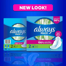 Always Maxi long pads boxes side by side, each showing an illustrated pad