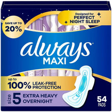 Always Maxi overnight pads box, size 5, 54 pads, with winged pad shown