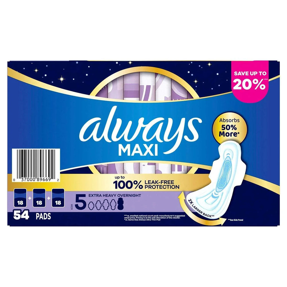 Always Maxi Overnight Pads with Wings, Size 5, 54 ct. - USA MEGA SHOP