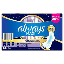Always Maxi overnight pads box with wings, up to 12-hour protection and 54 pads