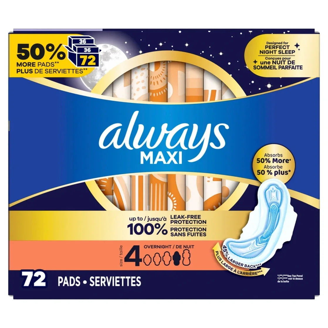 Always Maxi Overnight Pads with Wings for Women, Size 4, Overnight Absorbency, Unscented, 72 Count