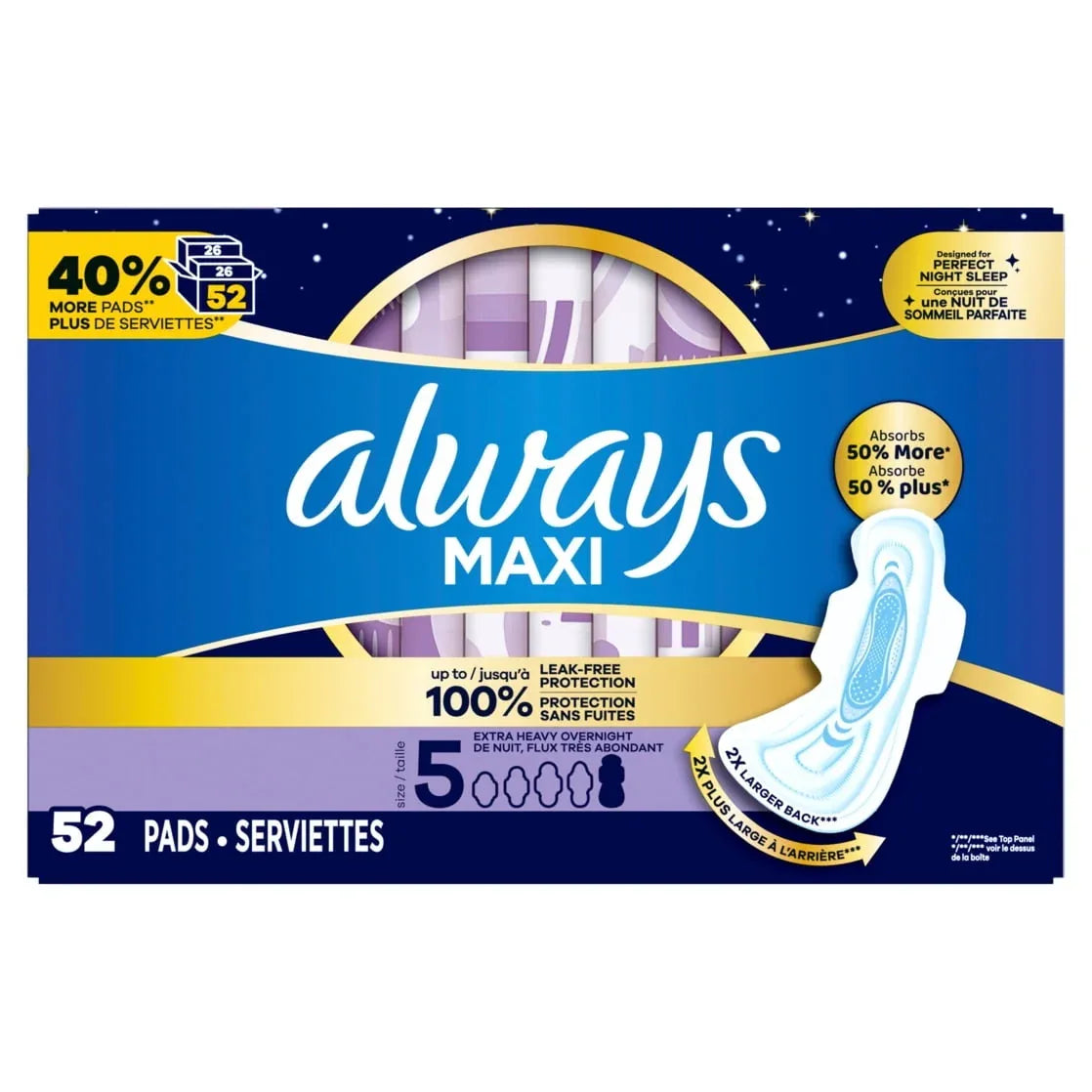 Always Maxi Overnight Pads with Wings for Women, Size 5, Extra Heavy Overnight Absorbency, Unscented, 52 Count