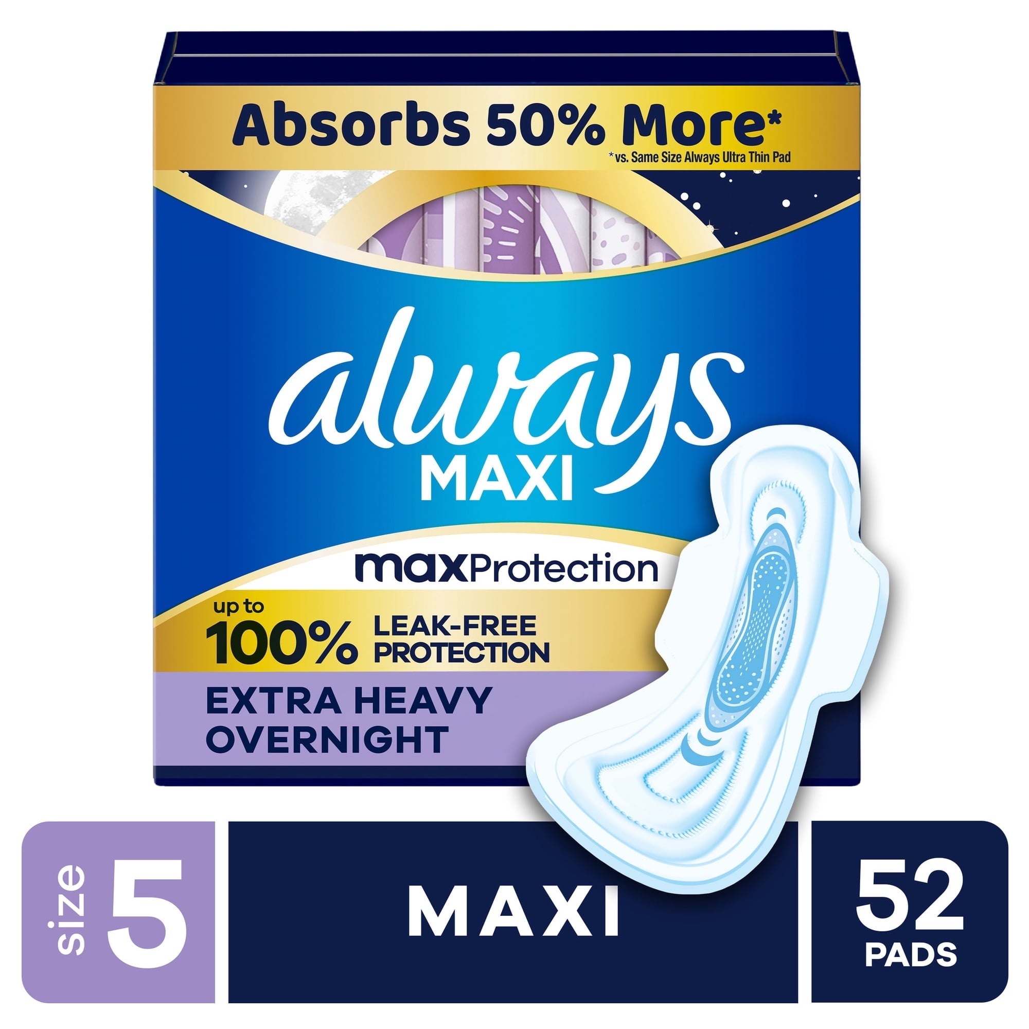 Always Maxi Overnight Pads with Wings for Women, Size 5, Extra Heavy Overnight Absorbency, Unscented, 52 Count (PACK OF 3 )