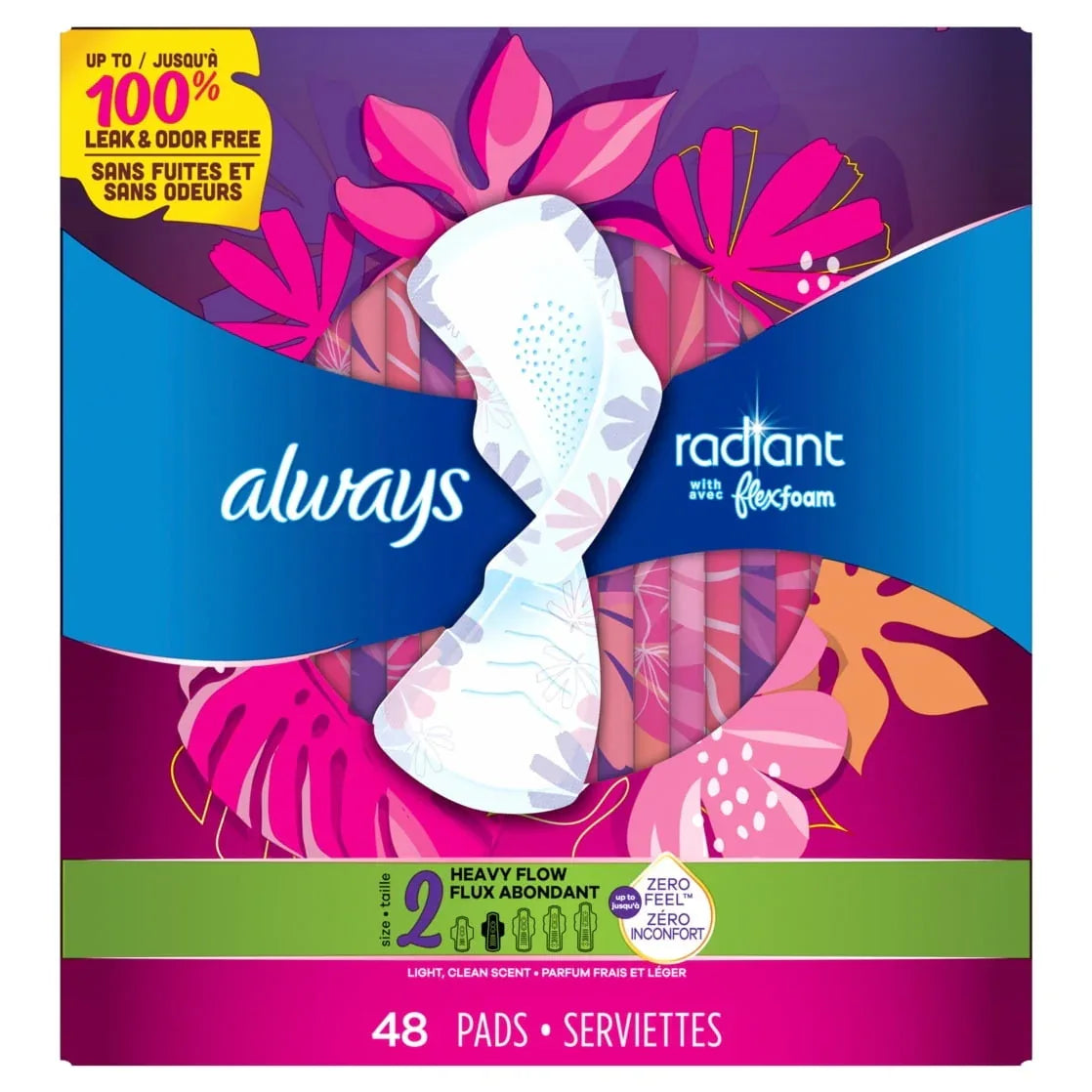 Always Radiant Pads, FlexFoam Pad, Wings, Heavy, Size 2, Light Clean Scent, 36 Count