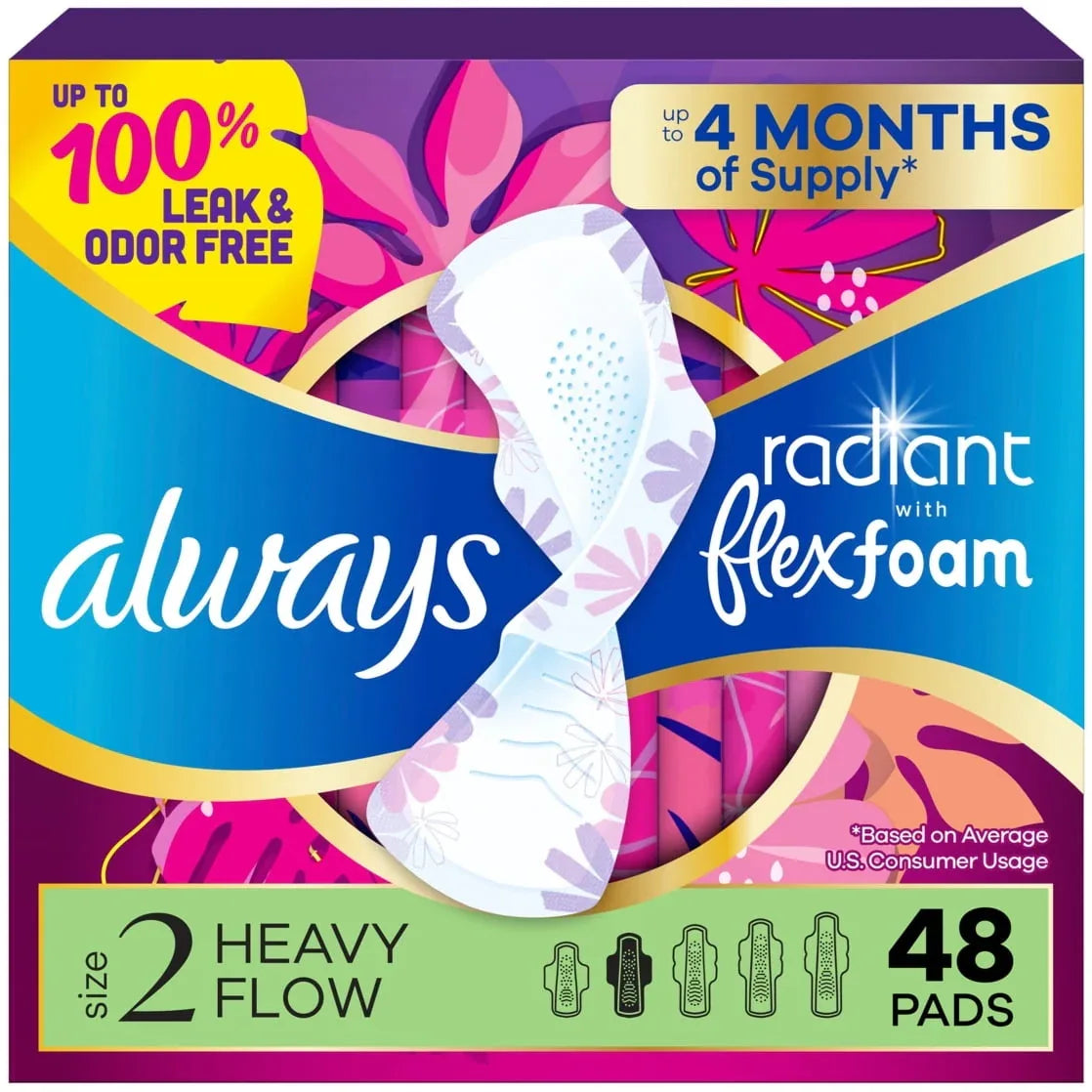 Always Radiant Pads, FlexFoam Pad, Wings, Heavy, Size 2, Light Clean Scent, 36 Count