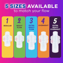 Always pads size chart with pad silhouettes for regular to overnight heavy