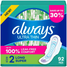 Winged ultra-thin long super pads pack with 92 count and attached pad graphic
