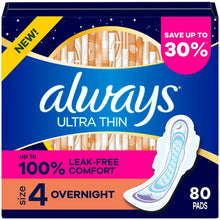 Always Ultra Thin overnight pads with wings, size 4, 80-count box, leak-free comfort