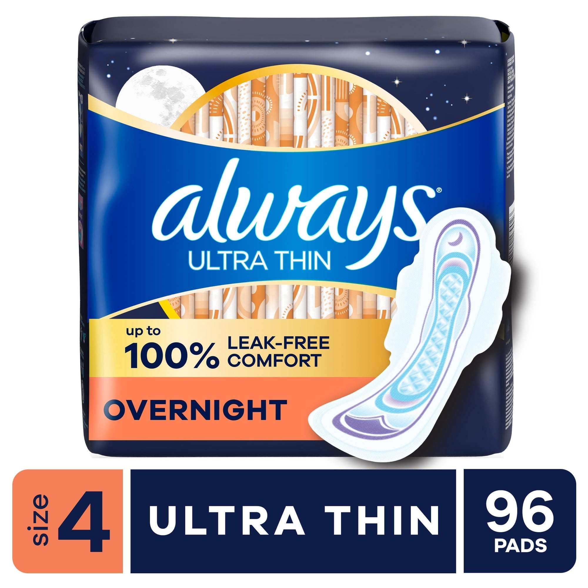 Always Ultra Thin Overnight Pads with Wings, Size 4, Overnight, 96 Count (PACK OF 3 )
