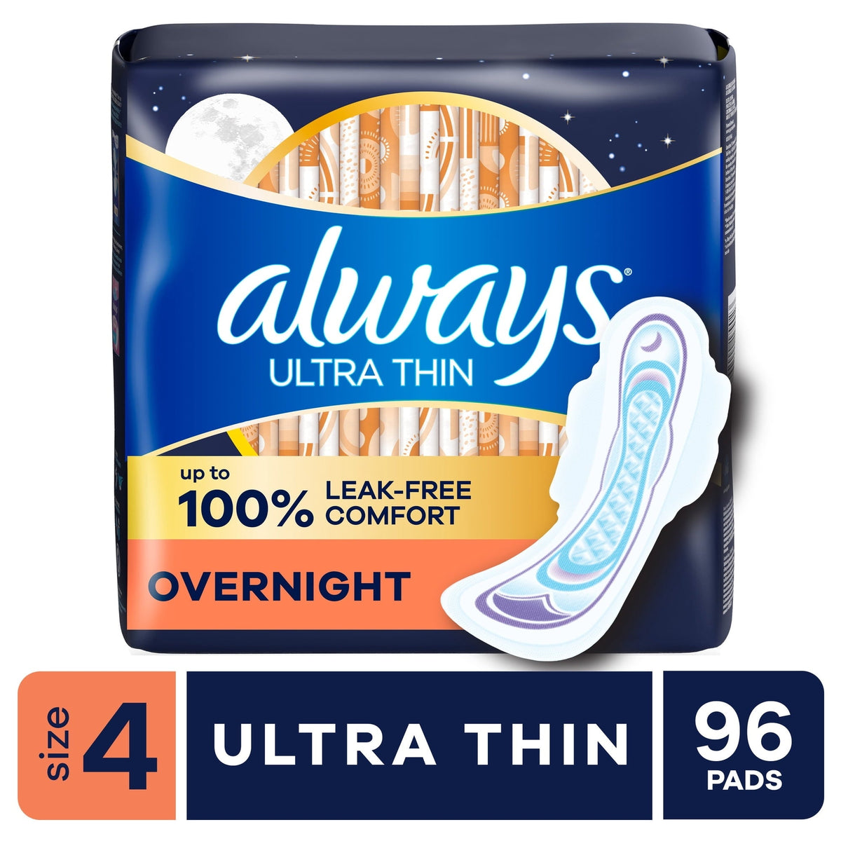 Always Ultra Thin Overnight Pads with Wings, Size 4, Overnight, 96 Count (PACK OF 3 )