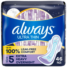 Always ultra thin size 5 overnight pads with wings, 46 count, packaged