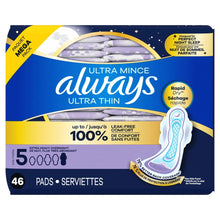 Always ultra thin overnight pads with wings, 46 count, packaged with pad illustration