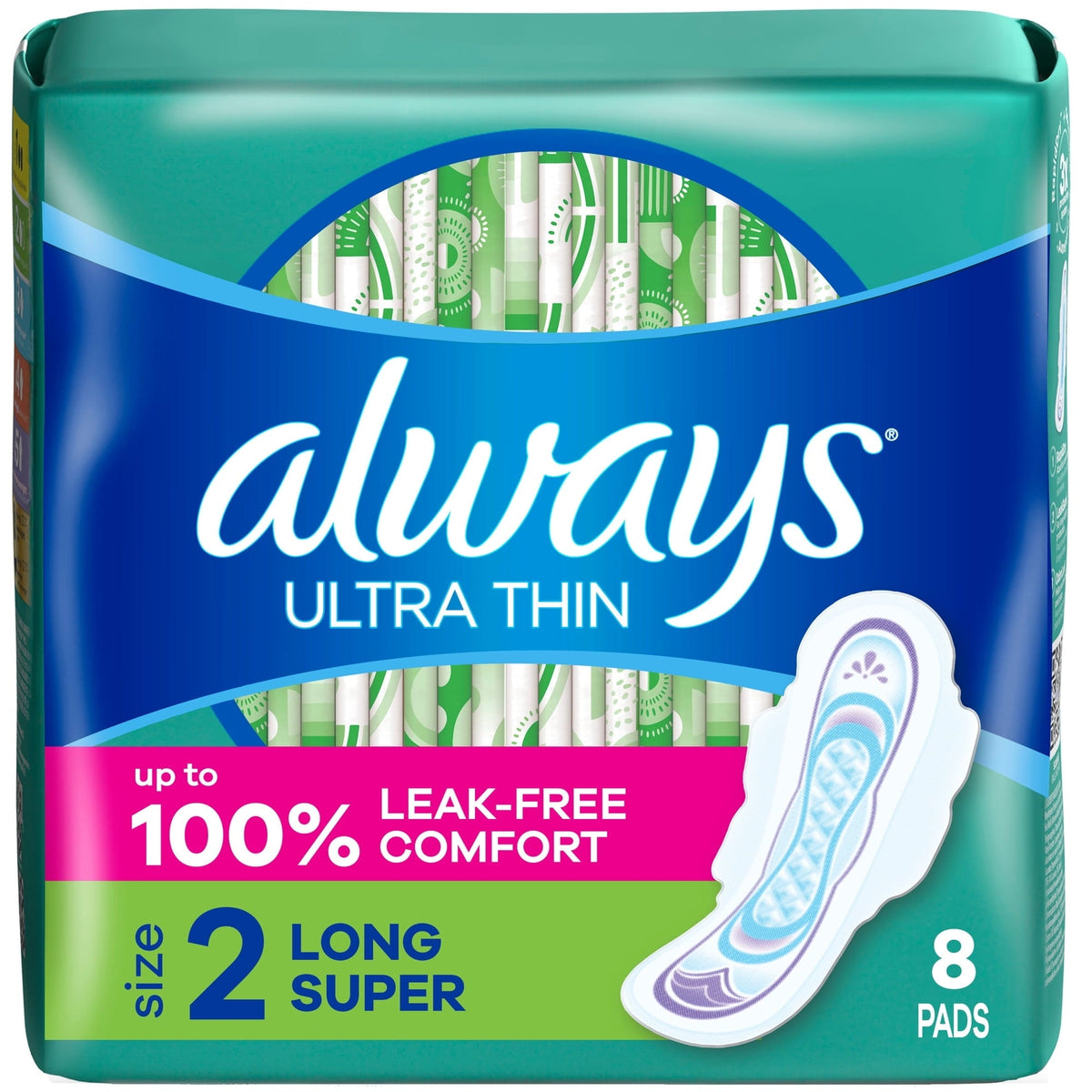 Always Ultra Thin Pads with Wings Size 2 Long Super 8 Count (PACK OF 3 )