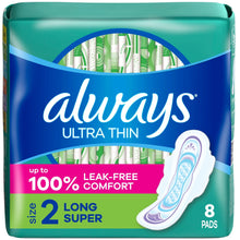 Always ultra thin pads pack with wings, size 2 long super, 8 pads