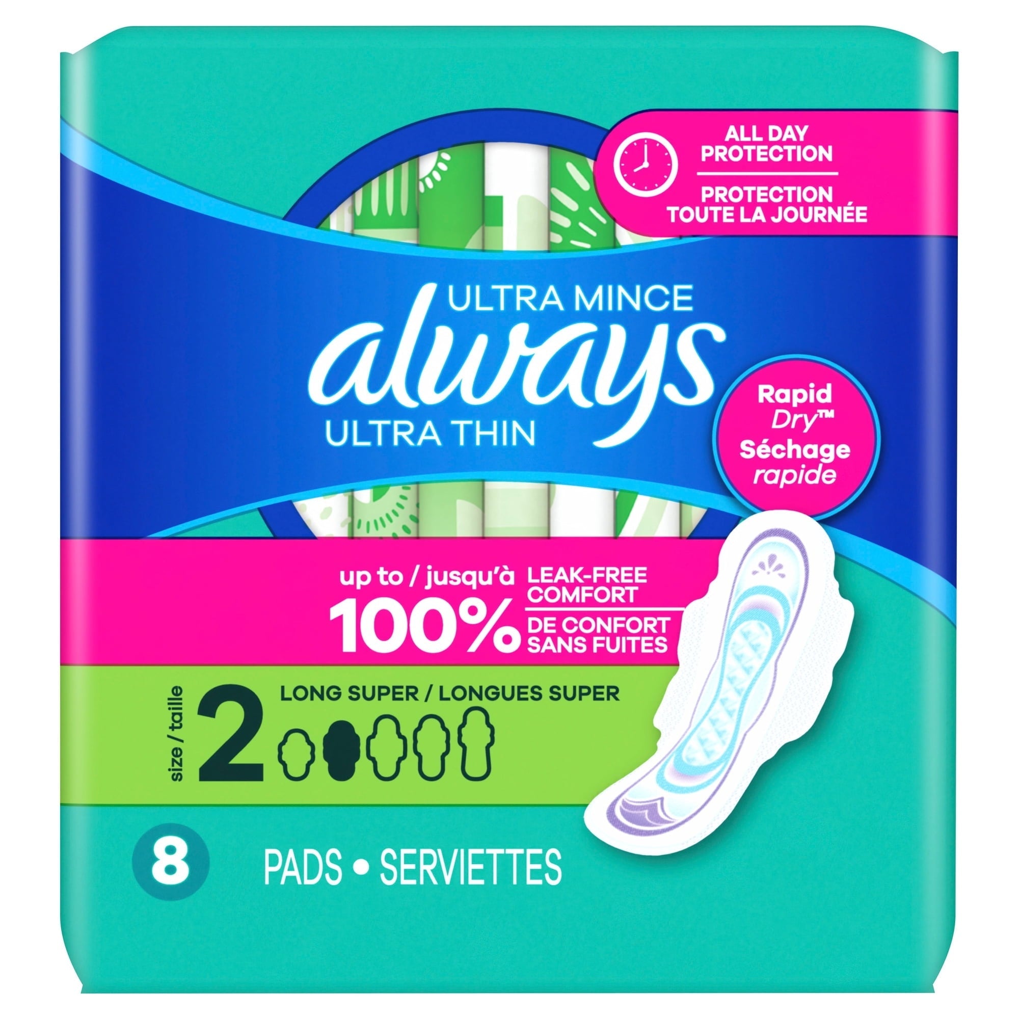 Always Ultra Thin Pads with Wings Size 2 Long Super 8 Count (PACK OF 3 )