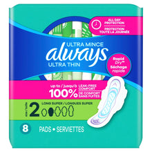 Always Ultra Thin pack front showing size 2 long super and 8 pads