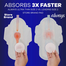 Ultra Thin extra heavy overnight pads shown in hands, size 5, with absorbent core