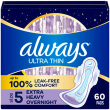 Always ultra thin size 5 extra heavy overnight pads with wings, 60 pads on package front.
