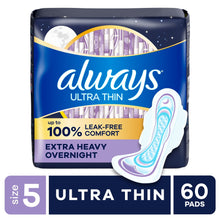 Always ultra thin extra heavy overnight pads, size 5 with wings, pack shows 60 pads.