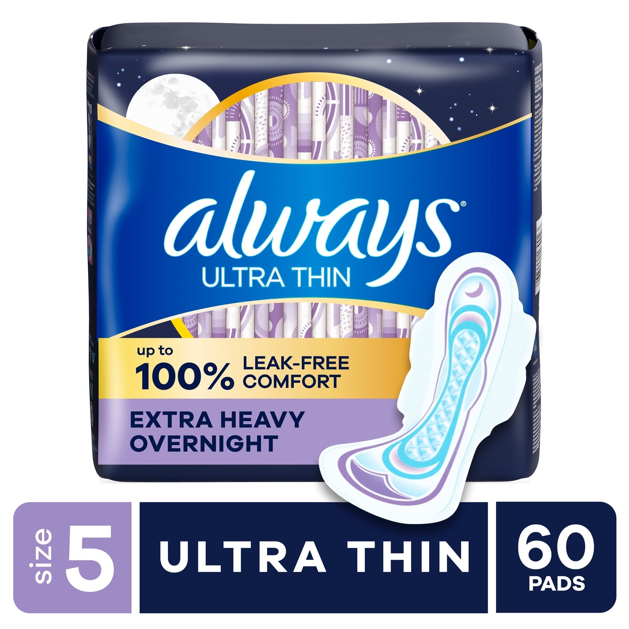 Always Ultra Thin Overnight Pads with Wings, Size 5, Extra Heavy Overnight, 46 Count (PACK OF 3 )