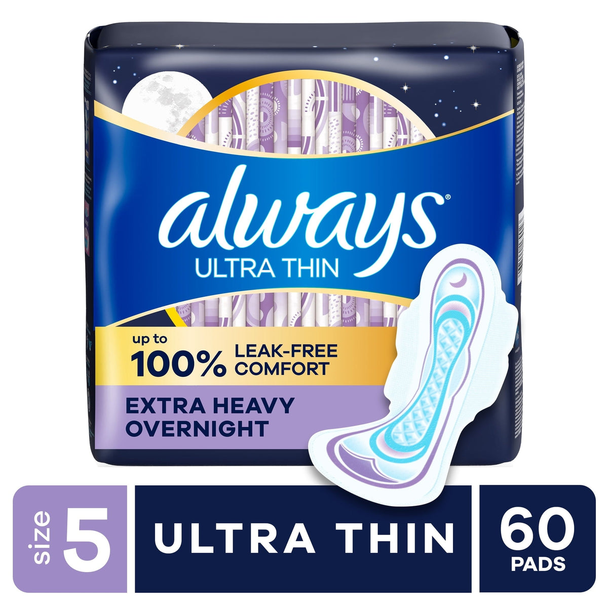 Always Ultra Thin Overnight Pads with Wings, Size 5, Extra Heavy Overnight, 46 Count (PACK OF 3 )