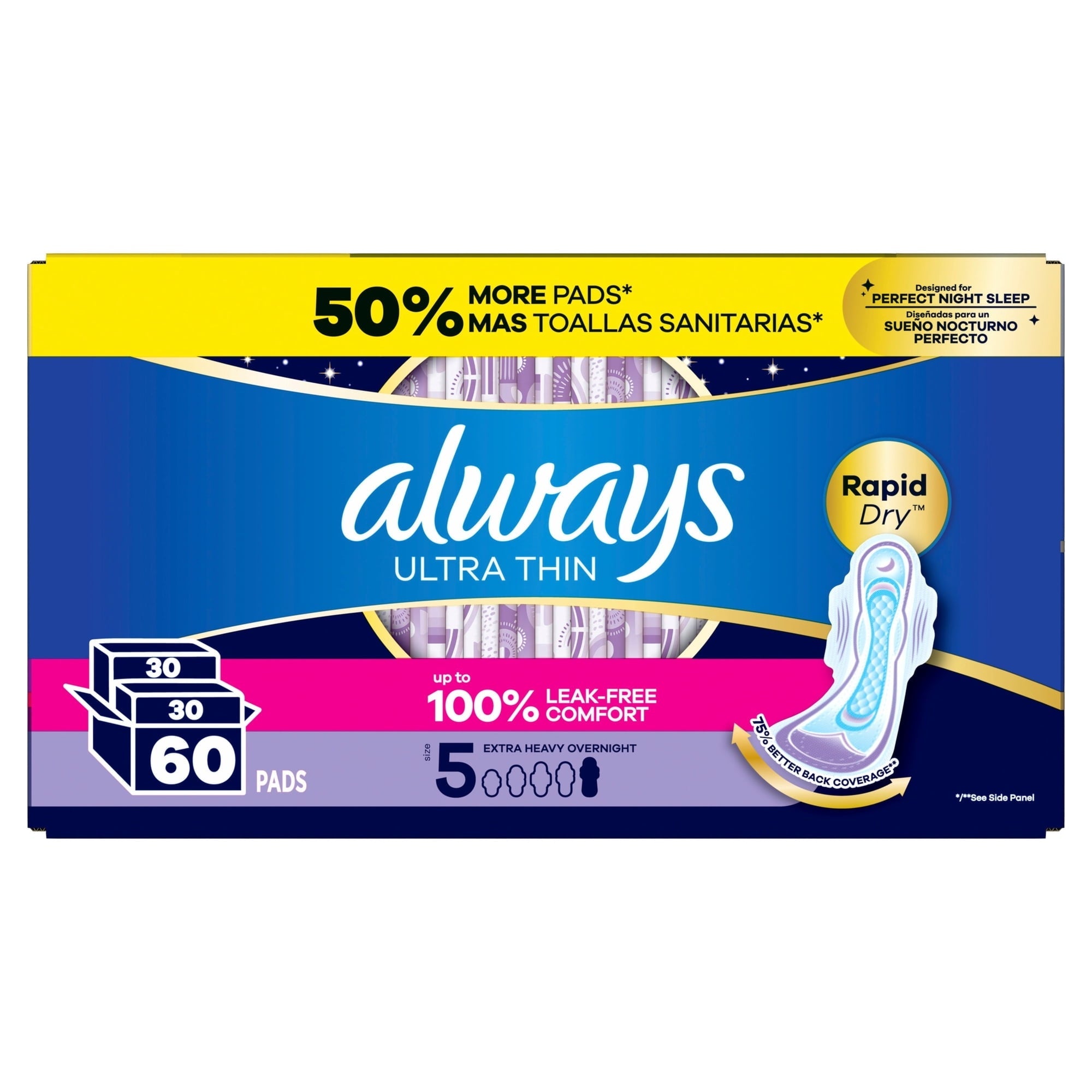 Always Ultra Thin Overnight Pads with Wings, Size 5, Extra Heavy Overnight, 46 Count (PACK OF 3 )