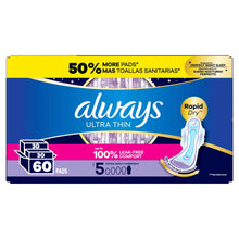Always Ultra Thin size 5 extra heavy overnight pads with wings, 60-count pack