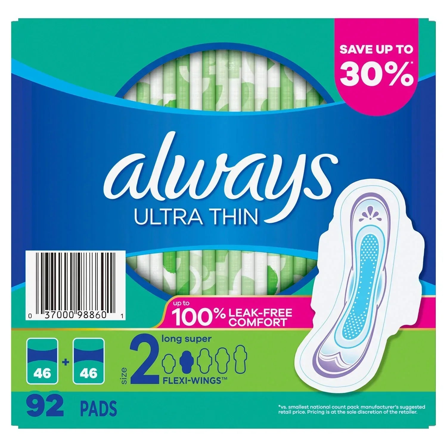 Always Ultra Thin Size 2 Long Super Pads with Flexi-Wings, 92 ct. - Unscented