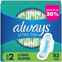 Long super ultra-thin pads box, size 2, 92 count, with flexi-wings label